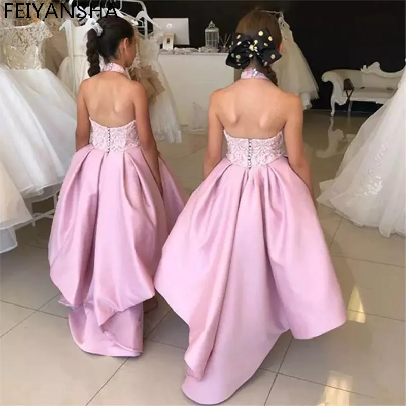 El vestido más nuevo de la muchacha de la flor con el tren del barrido sin hombros vestido rosado de la princesa sin espalda para los Vestidos de las fiestas de la niña de boda