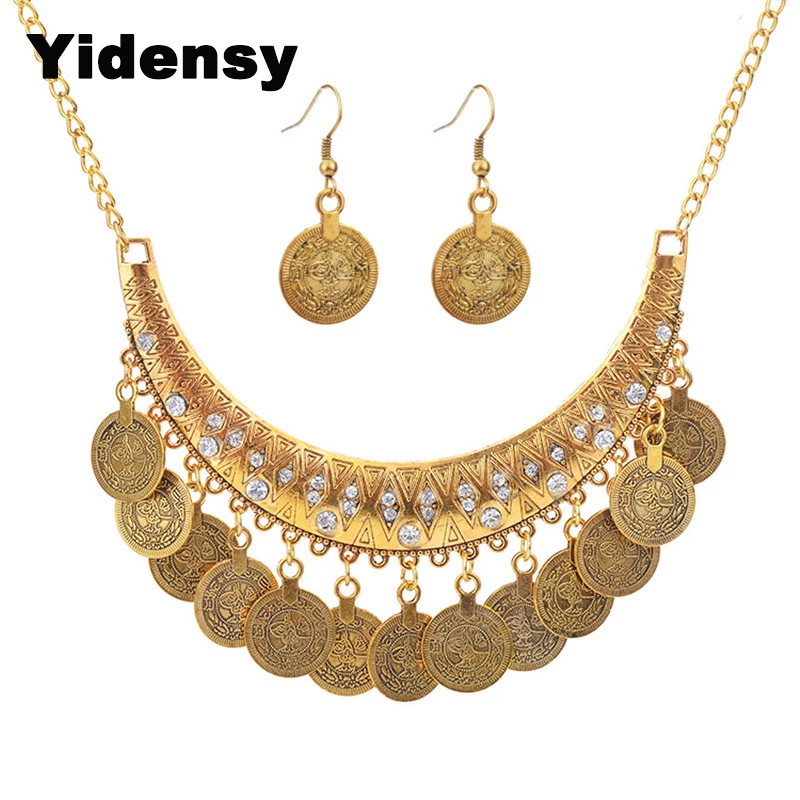 Yidensy Fashion Coin Neacklace Earrings Jewelry Sets Women Antique Gold Silver Color Long Chain Bib Necklace Drop Earring Gifts