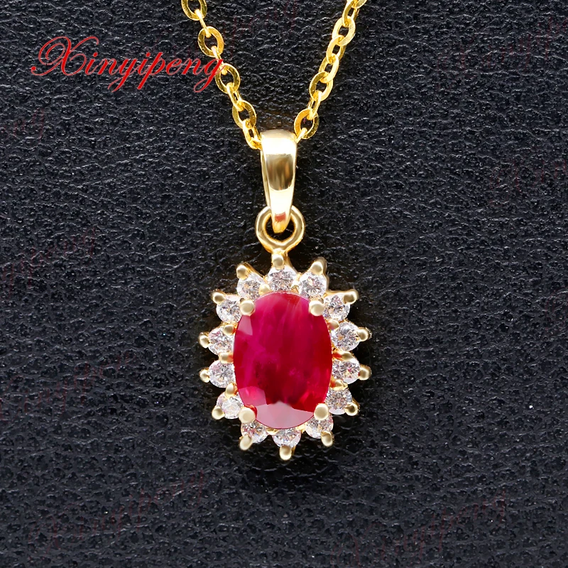 

Xinyipeng18K yellow gold inlaid natural ruby pendant necklaces for women beautiful style The main stone weight 1 ct