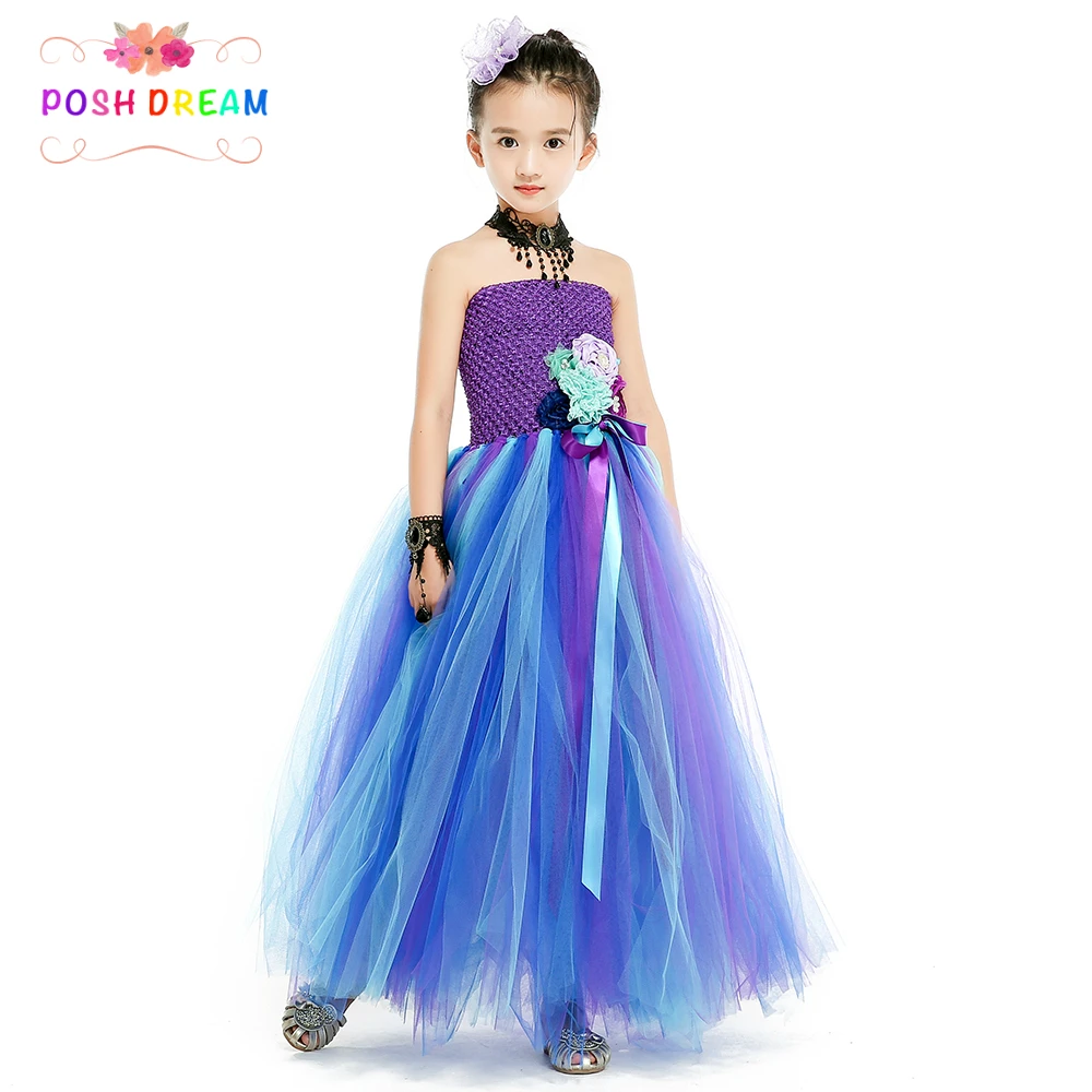 POSH DREAM Peacock Flower Kids Girl Dress Novelty Peacock Voile Girl Clothing for Speacial Occasion Purple Baby Girls Tutu Dress