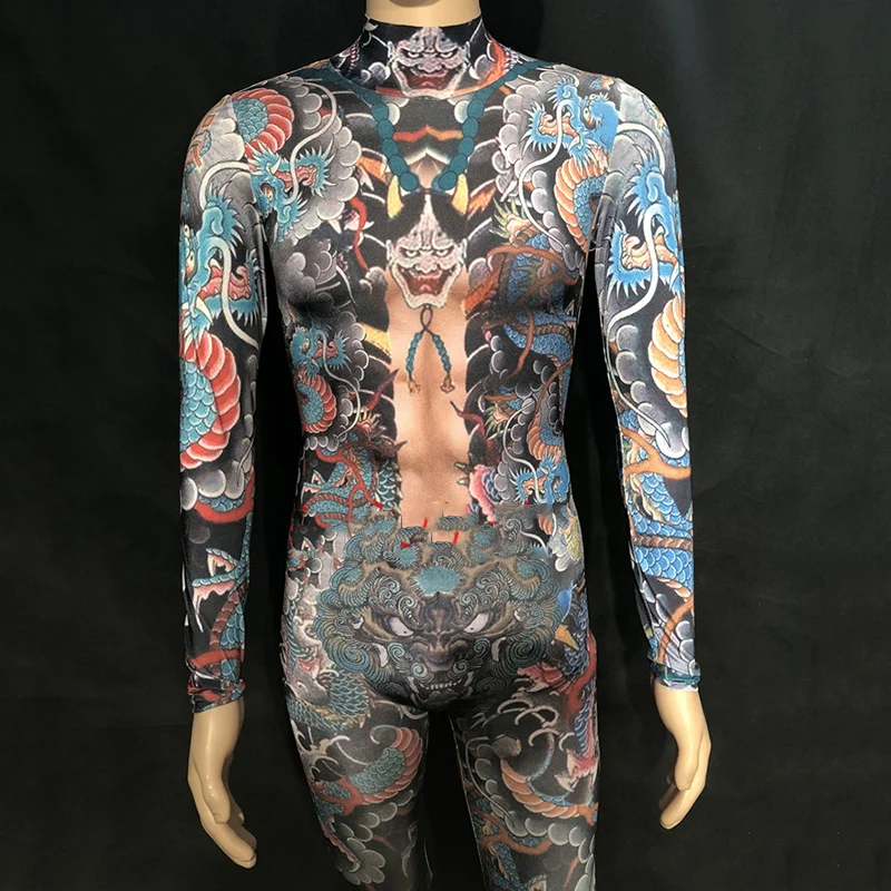 Rhinestones Jumpsuit Dragon Print Stretch Leggings Sexy Bodysuit Men Stage Costume One-Piece Skinny Rompers Dance Outfit DN2253