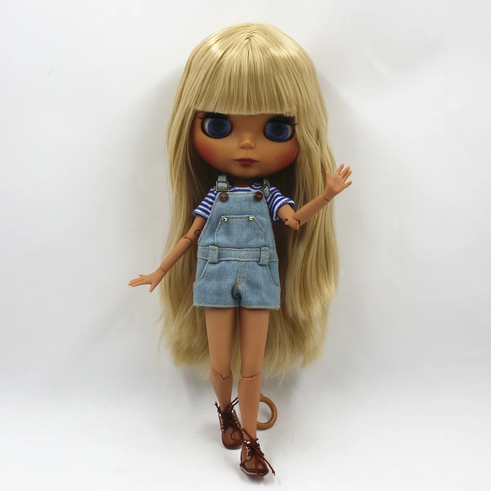 ICY DBS Blyth Doll Joint body Nude Doll straight blond hair with/without bangs new matte shell dark Skin 30cm Suitable For DIY