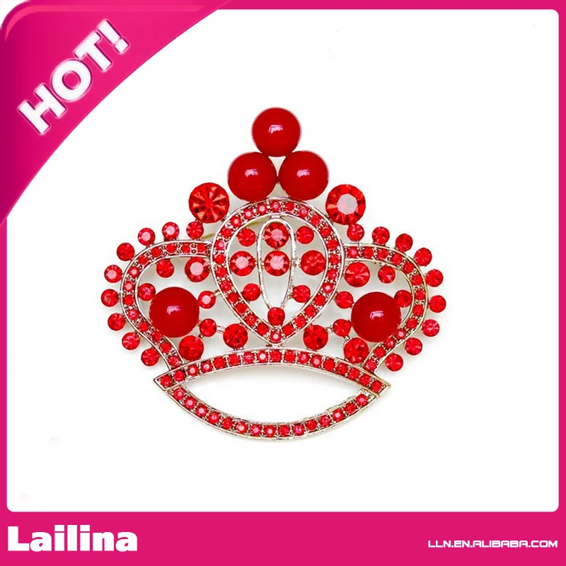 Crown Pin Brooch Red Crystal With Pearl