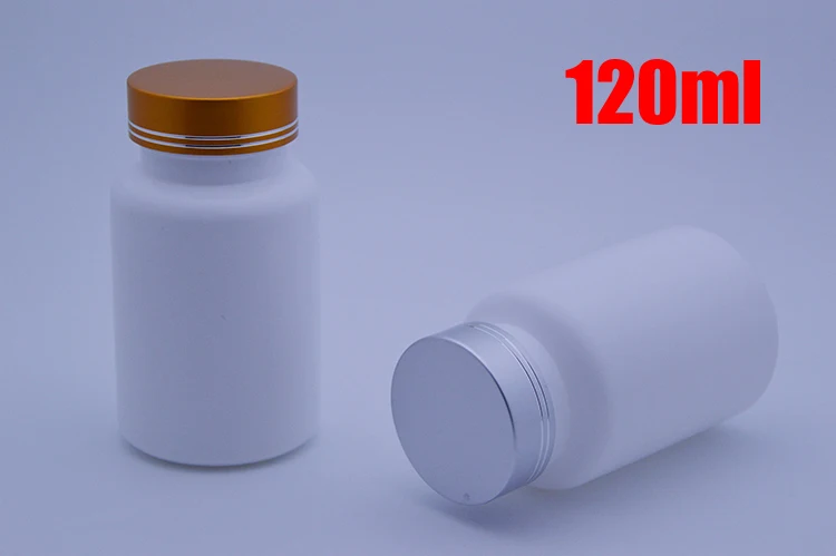 

20 шт. 120 мл белая бутылка HDPE, капсулы/таблетки/порошок/витамины пластиковые медицинские бутылки-золотые и серебряные металлические крышки