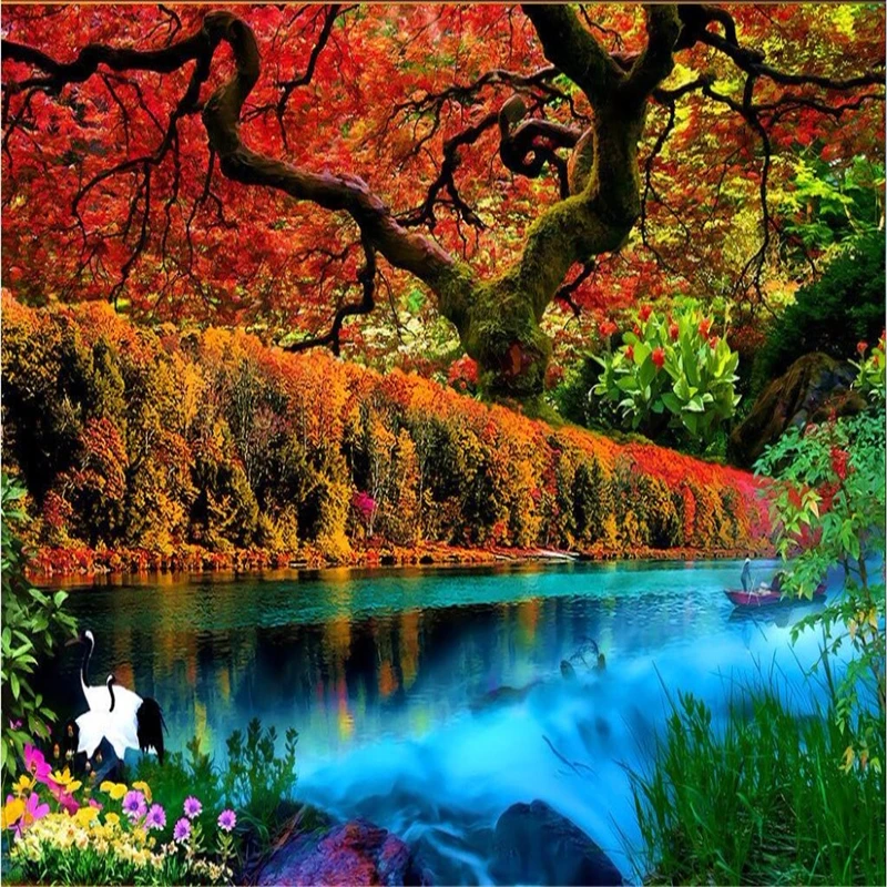 wellyu Custom wallpapers living room red maple lake painting murals 3D - office hotel background wall non - woven wallpaper