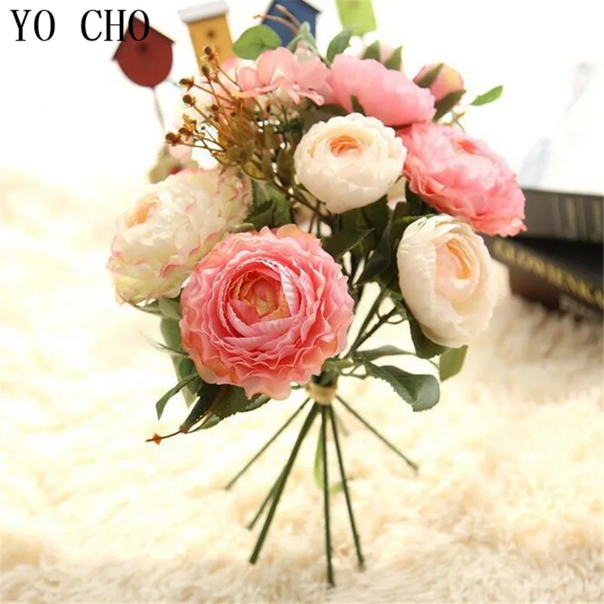 YO CHO Artificial Peony Silk Rose  Multilayer  Wedding Decoration  Hand Flower Bouquet  Home  Office  Garden Decoration  9 Heads