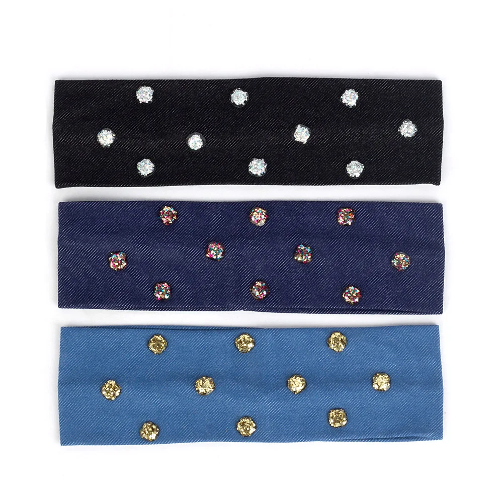 Geebro Women Summer Casual Fashion Headband Resin Sequin Bead Rhinestones Hairband For Girl Female Denim Elastic Hair Accessorie