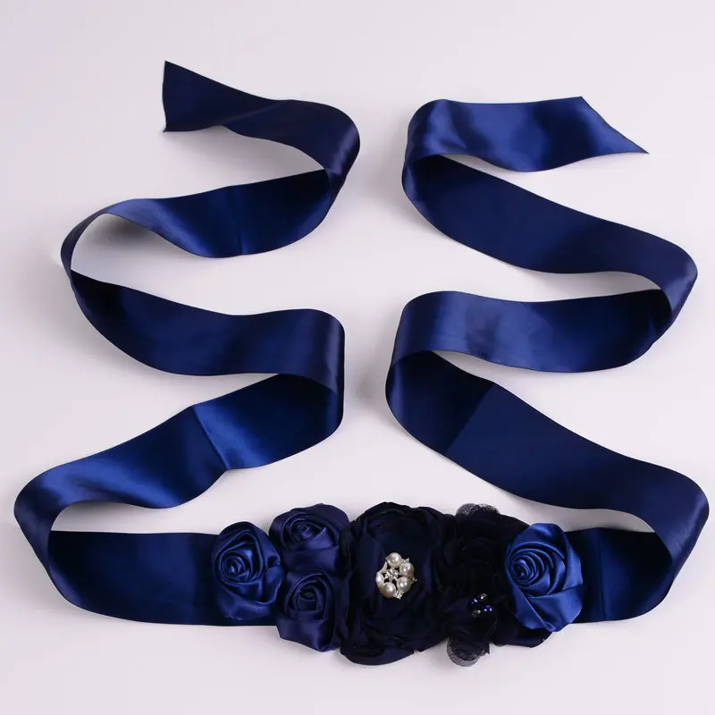 Ceinture à fleurs en Satin violet, gris, bleu marine, rose, rubans à strass pour enfants, ceintures à fleurs de mariage pour filles