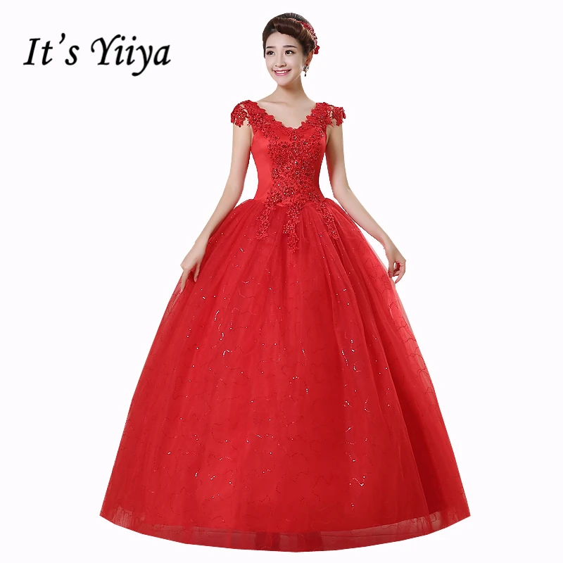 

Free Shipping Vestidos De Novia Red White Crystal V-neck Wedding Gowns Plus size Princess Lace Cheap Bride Frocks Dresses HS159