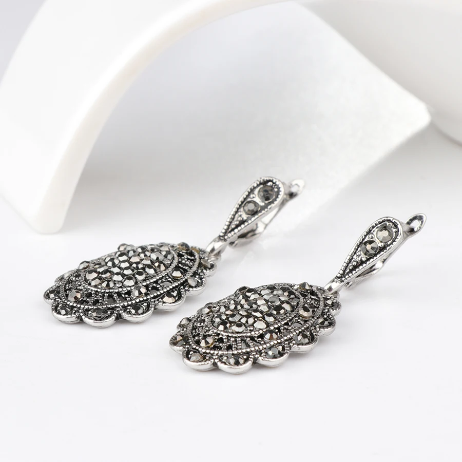 Kinel Hot Gray Crystal Drop Earrings Fashion Jewelry For Women Silver Color Hollow Petals Vintage Wedding Jewelry Wholesale