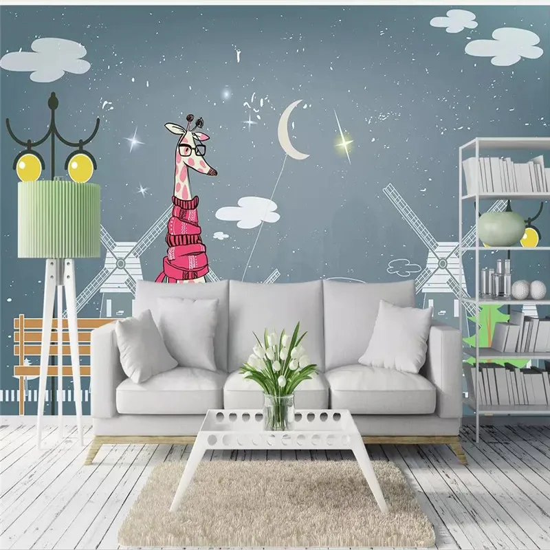 Custom Mural Wallpaper Cartoon Giraffe Kids Room Background Wall