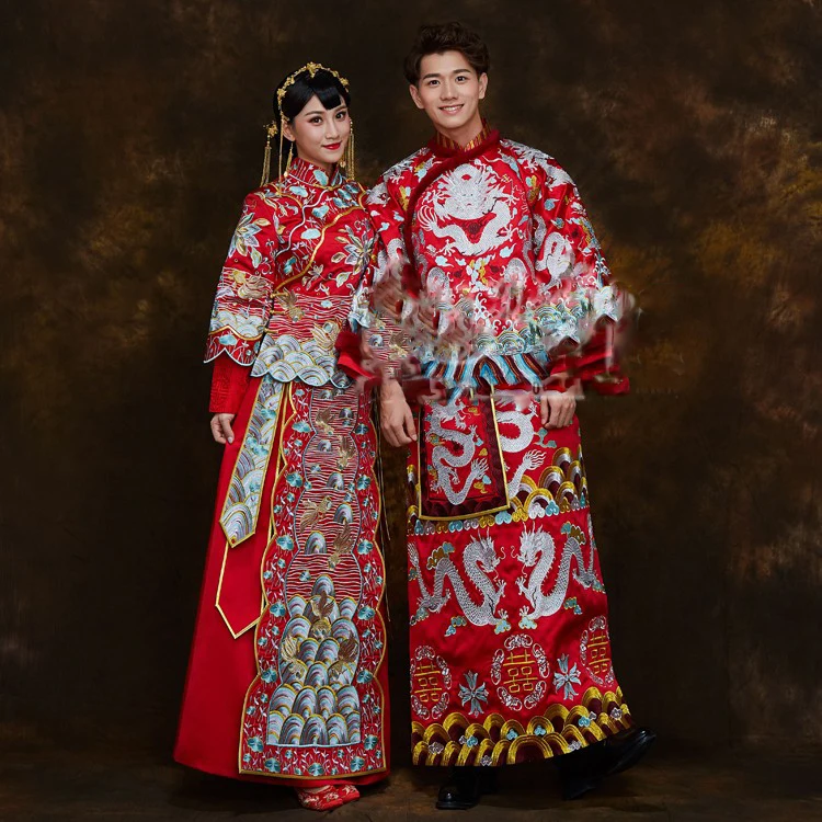 Orange Red 2 Colors Delicate Embroidery Traditional Chinese Wedding Hanfu Xiu He Fu for Couple Bride and Groom Wedding Suits