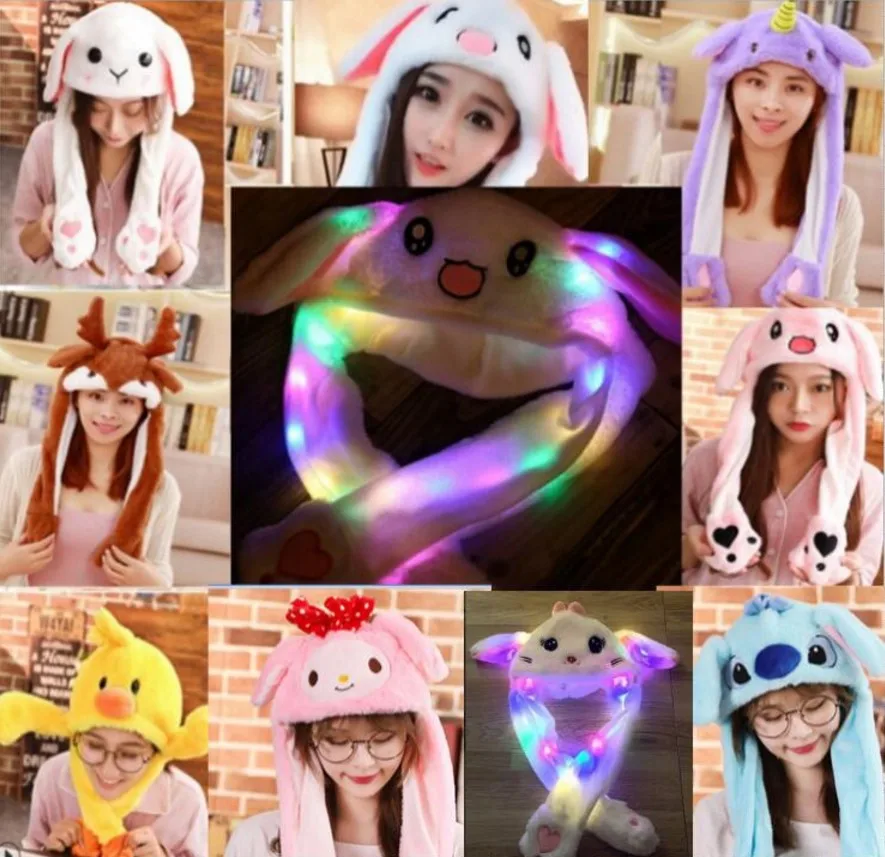 Animal hat Christmas ball party pinch ears move rabbit bunny net red funny ears will move the airbag LED light animal cap gift h