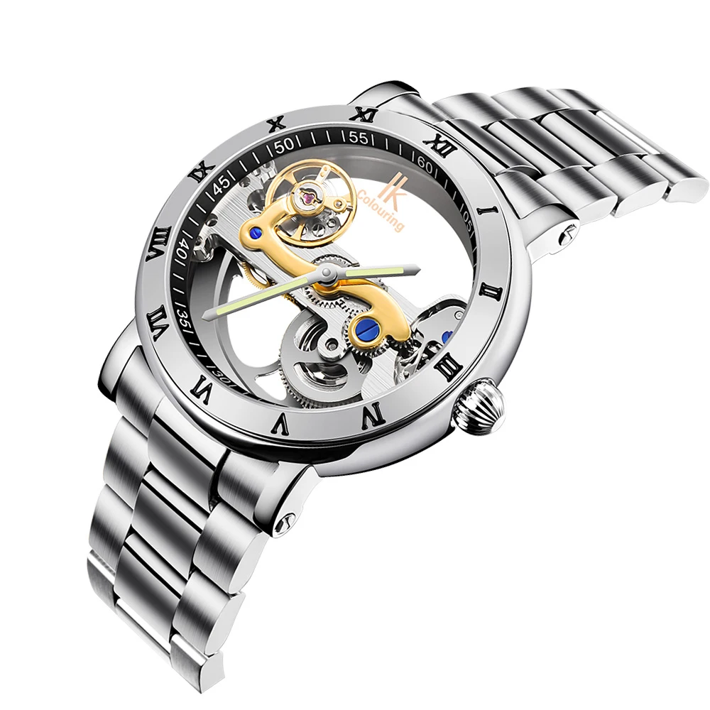 IK Coloring Original Men\'s Mechanical Bridge Skeleton Watch Stainless Steel Male Clock Automatic Relogio Masculino