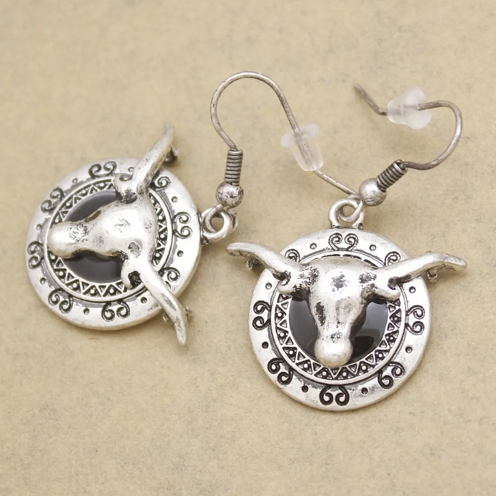 Vintage Drop Dangle Earrings Western Longhorn Steer Buffalo Bull Horn Etched Scroll Cowgirl Women Oorbellen Orecchini Jewelry