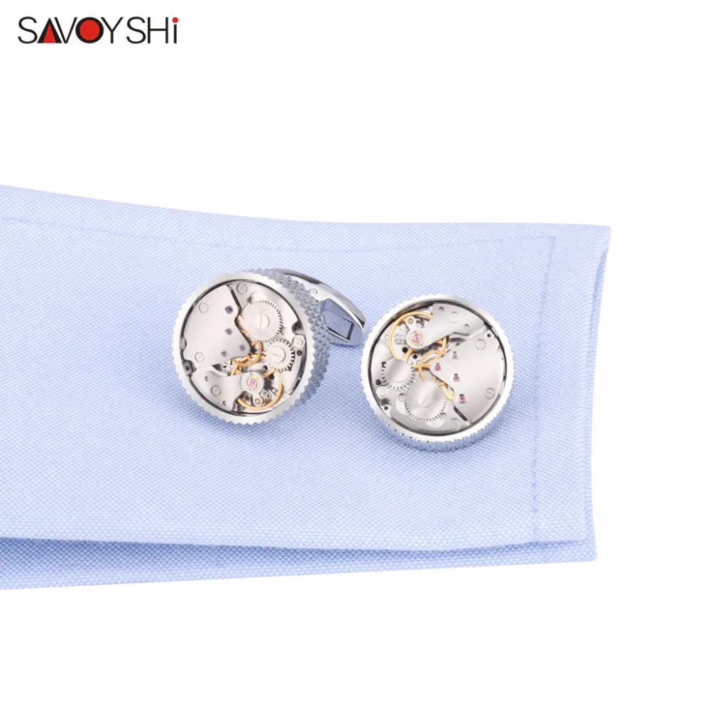 SAVOYSHI Mechanical Watch Movement Cufflinks for Mens Shirt Cuff button High Quality Silver color Round Cuff link Brand Jewelry