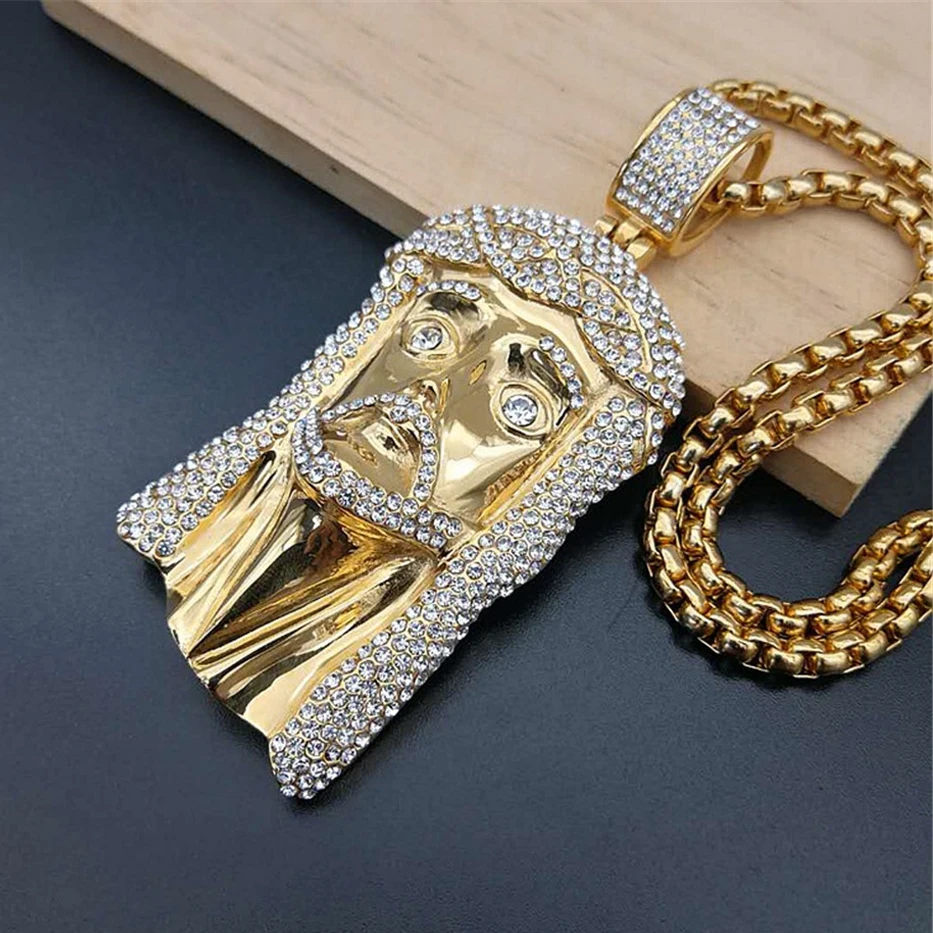 Golden Big Jesus Christ Head Stainless Steel Necklace Pendant With Chain For Men Iced Out Rhinestones Hip Hop Christian Jewelry