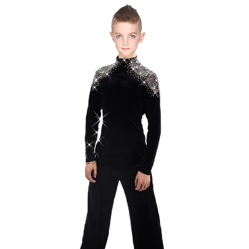 New Latin Dance Shirts Boys Children Black Fabric Rhinestone Shirt Ballroom Tops Boy Male Professional Competition Clothes N7001