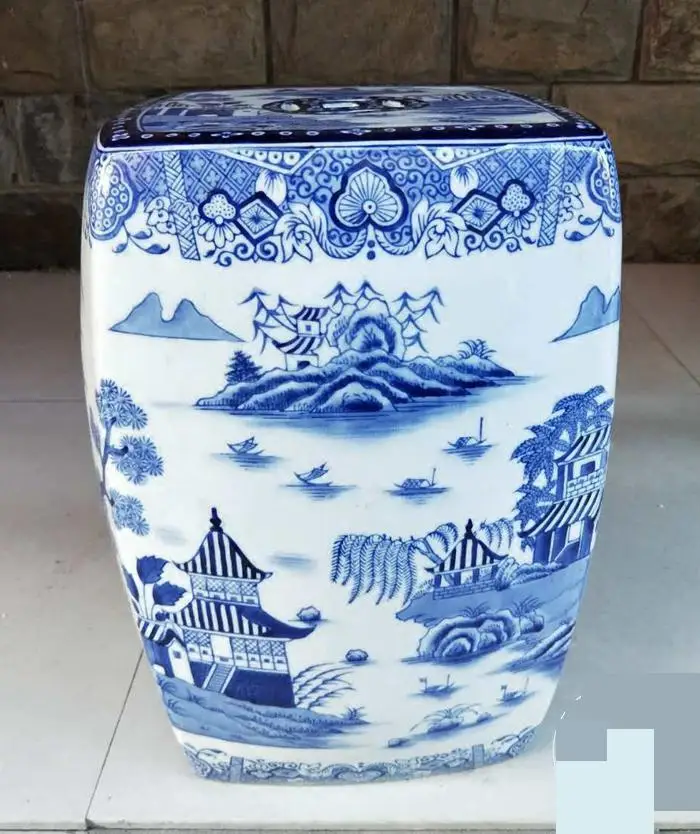 Jingdezhen Porcelain Stool Hand Painted Antique Blue And White Landscape Square Drum Stool Living Room Balcony stool