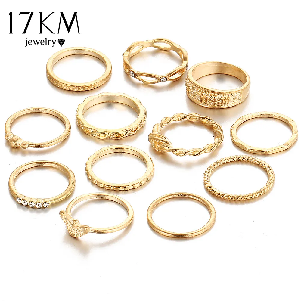 17KM 12Pcs/Set Charm Gold Color Midi Finger Ring Set for Women Vintage Boho Knuckle Party Rings Punk Jewelry Gift for Girls