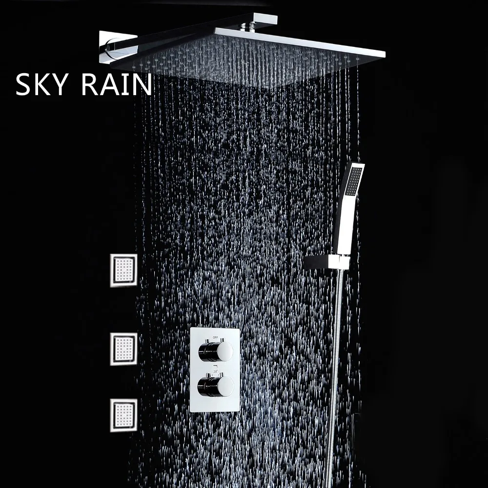 

SKY RAIN Bathroom Shower 10 Inches Brass Square Rainfall Shower Head With Hand Shower And Body Jets Set