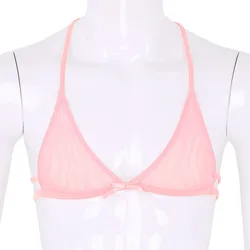 MSemis Sexy Men Bra Sissy Lingerie Pink Lace Gay Underwear Mesh See Through Sheer Y-shape Back Unlined Triangle Bralette Bra Top