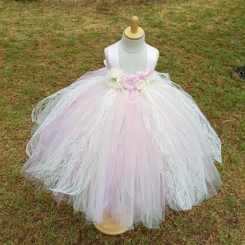 

Beautiful Girls Lace Dresses Baby Flowers Long Tutu Dress Straps Ball Gown Kids Crochet Tulle Tutus Children Wedding Party Dress