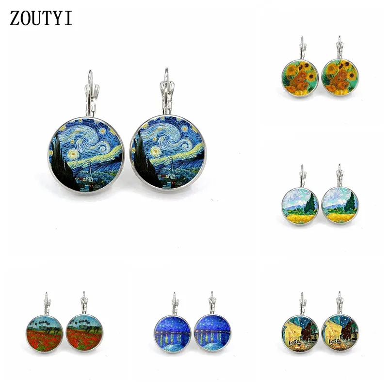 New / glamour silver color simple style earrings Van Gogh famous artist star night glass cabochon earrings female jewelry gift