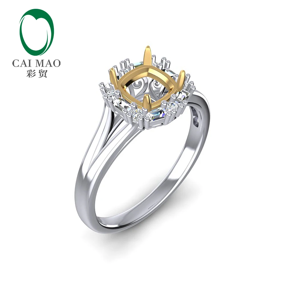 Caimao 6mm Cushion cut 0.18ct Baguette and Round Diamond 14k White and Yellow Gold Split Shank Ring