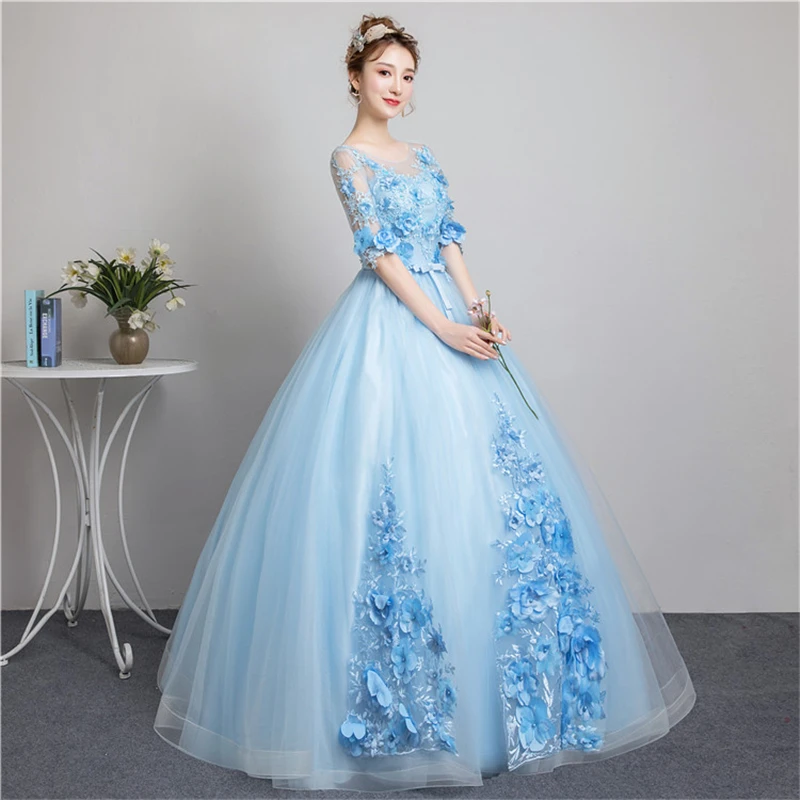 Sweet Elegant Light Blue Long Evening Dress Half Sleeve Pearls Applique Ball Gown Solo Show Masquerade Dress Vestido De Festa 30