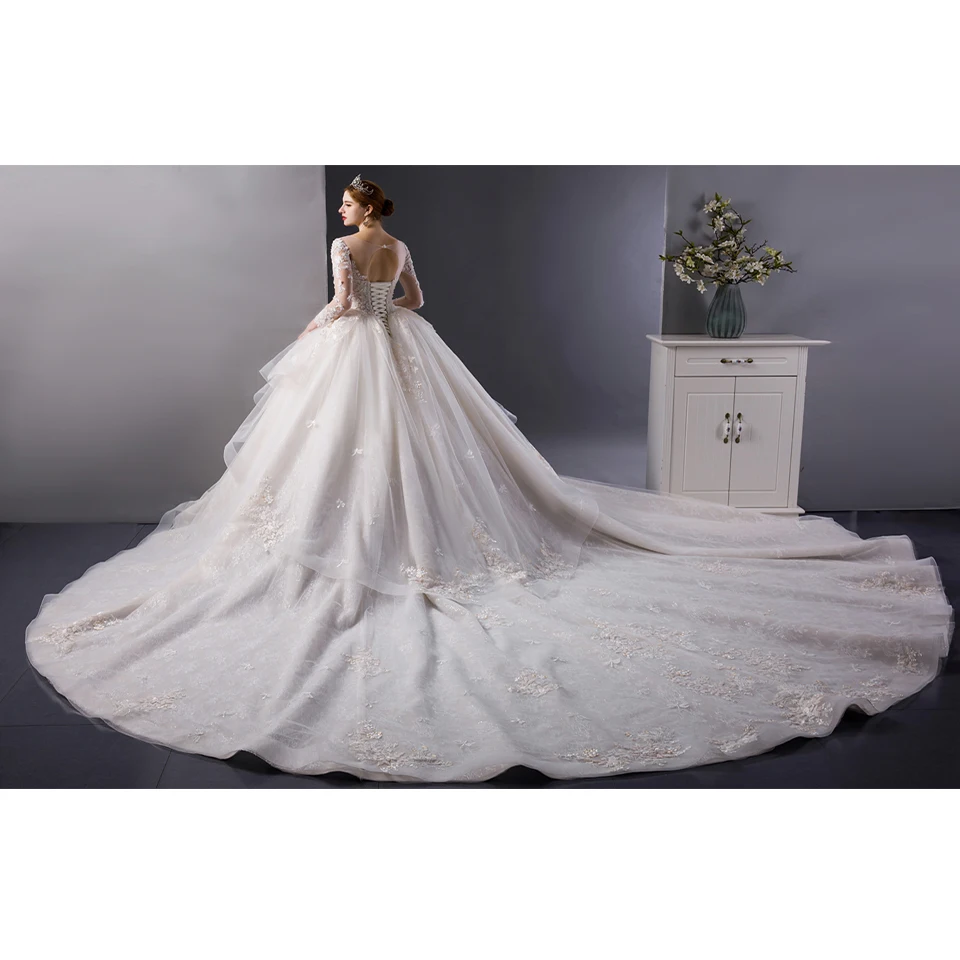 SL-6098 Customized Embroidery Lace tiered ball gown wedding dress long sleeves bridal dresses wedding gowns cathedral train