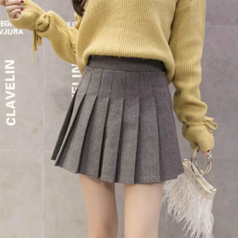 

Korean Version Woollen Fabrics Pure Colour Pleated Skirt Autumn Winter High Waist Elastic Waist Double Lining Large Size Skirt