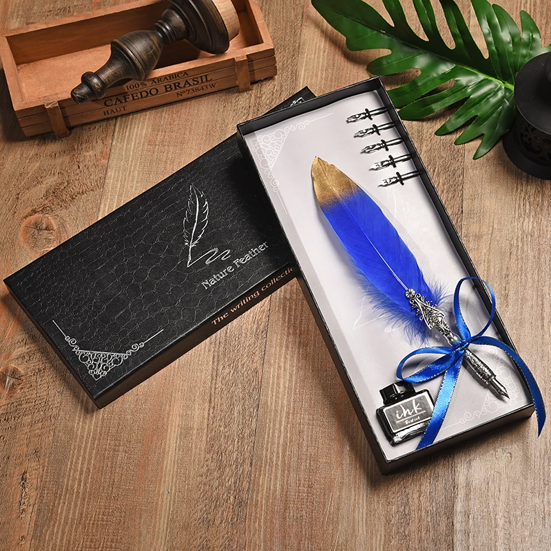 

Retro Feather Fountain Pen Set Birthday Creative Gift Multicolor Feathers Dip Water Pen Set high-end gift box with 1 Ink+ 5 Nibs