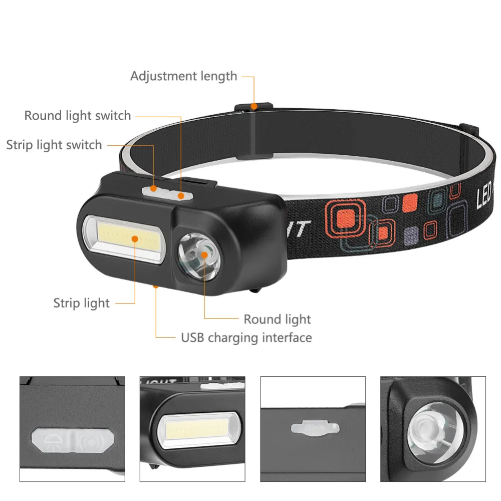 Sanyi COB XPE LED Mini Headlight 7-Mode USB Charging Headlamp Camping Flashlight Hunting Frontal Head Torch by 18650 Battery