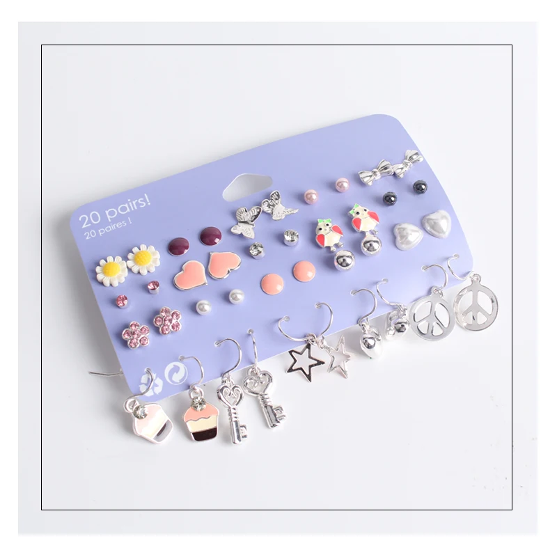 4 Styles Cute 20 Pairs/lot Charms Stud Earring Set Girls Punk Style Kiss Guitar Note Skull Sunglasses Peace Ear Studs Wholesale