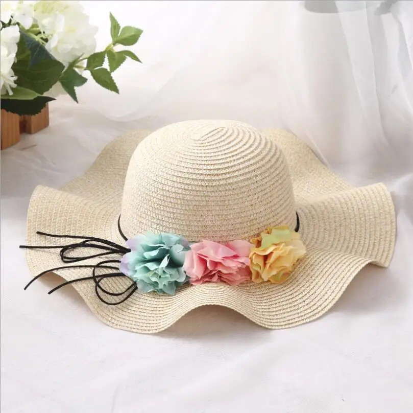 Fashion parent-child Cute flower sun hats Girl hand made straw wave wide brim sun hats casual shade hat summer woman beach hat