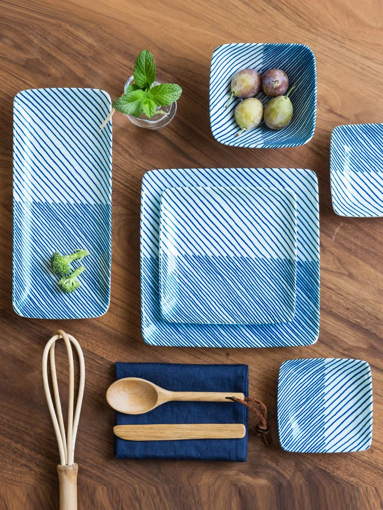 

EECAMAIL Japanese-style Striped Ceramic Tableware Household Plate Sushi Plate Sauce Dish Western Steak Dishes Pasta Plate