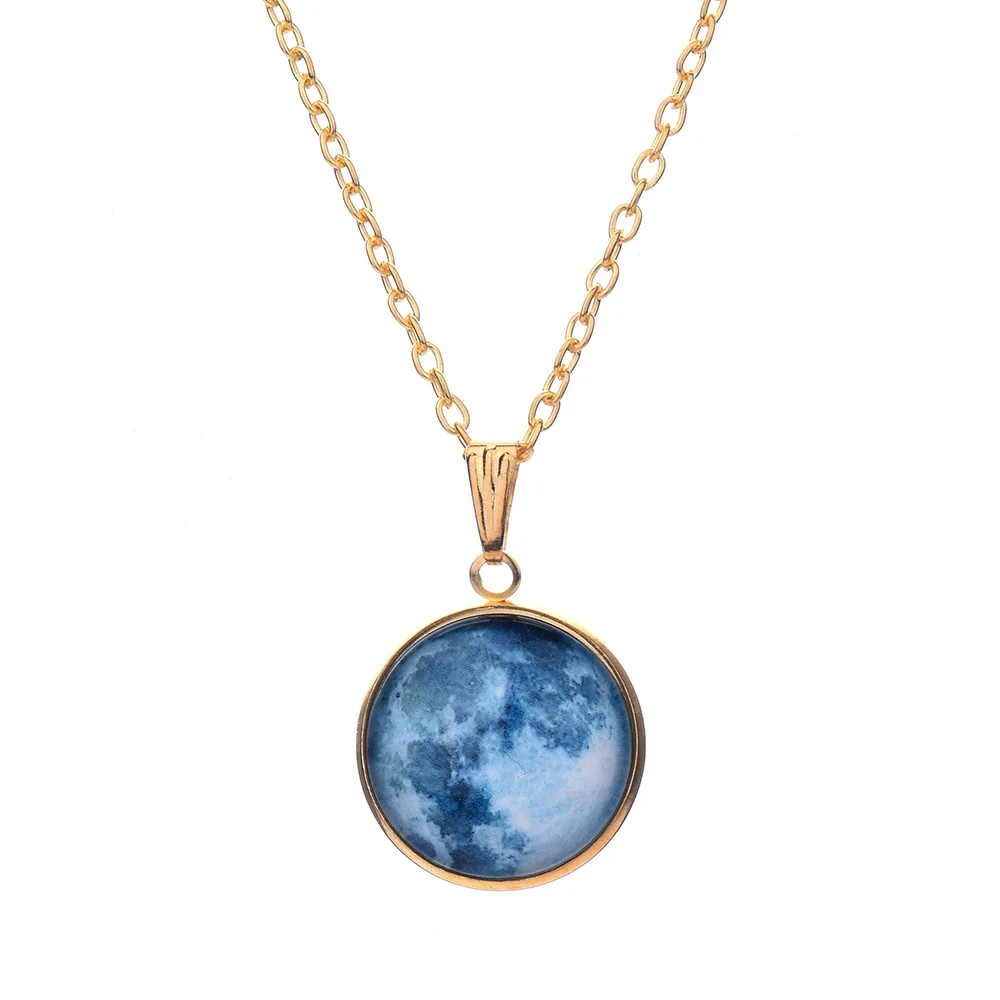 Hainon Glow In The Dark Moon 25mm Galaxy Planet Glass Pendant Necklace Gold Color Chain Luminous Jewelry Women Gifts