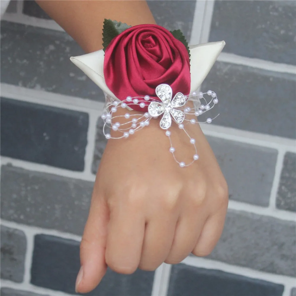 100% Handmade Wine red Crystal Bouquet Corsage Diamond Satin Rose Flowers for Wedding Bride Wrist Flowers SW0677Y