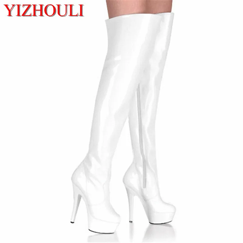 

6 inch to thigh boots, 15 cm, high heels. Model banquet stage pole dancing performance, dancing shoes