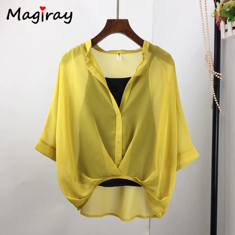 Magiray Batwing 3/4 Sleeve Chiffon Blouse Women 2020 Summer See Through White Shirt Leopard Cover Up High Low Female Top C169