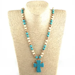 Fashion Bohemian Tribal Jewelry Magnetic Beads Semi Precious Stones Long Knotted Stone Cross Pendant Necklaces  Ethnic Necklace