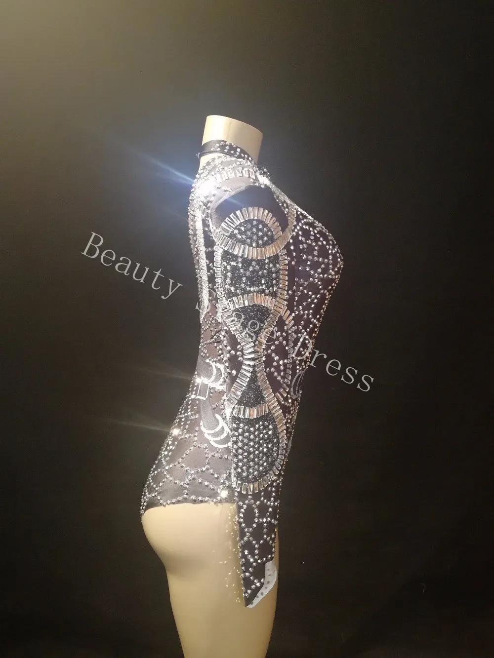 Body extensible noir pour femmes, vêtement de spectacle de danse, de chanteur, strass scintillants, tenue de soirée, de fête d'anniversaire