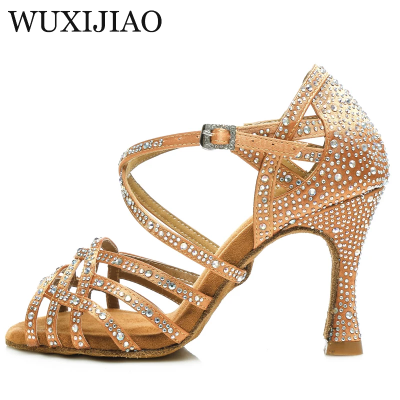 WUXIJIAO Women Salsa party Ballroom shoes Latin dance shoes big small rhinestone shining sandals skin satin Cuba heel 9cm