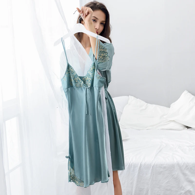 XIFENNI-Ensemble de Robe Brodée en Dentelle pour Femme, Deux Pièces, Sexy, Satin, Soie, Peignoir, Vêtements de Maison, X2024