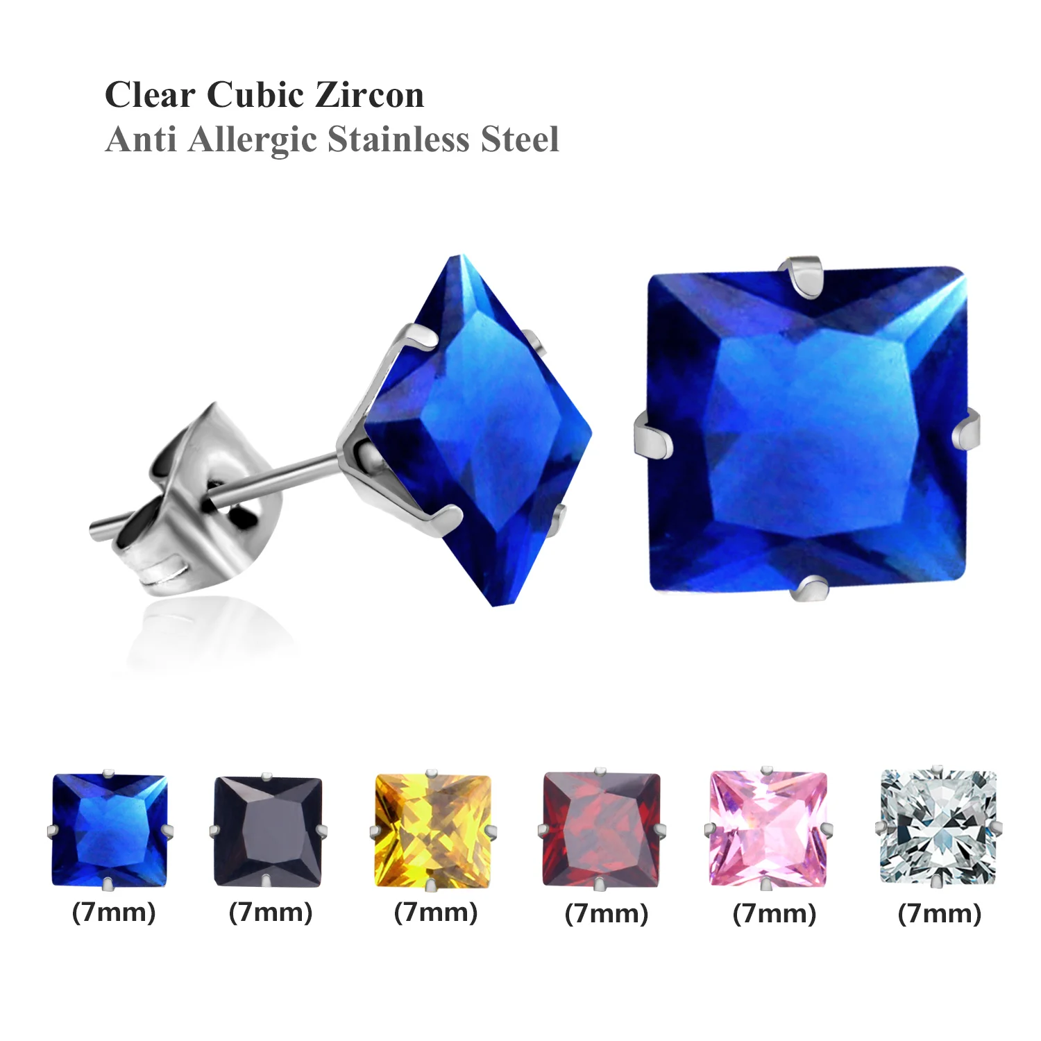 LUXUSTEEL Size 3mm/5mm/7mm Colorful Square Crystal Stud Earrings Stainless Steel 6Pairs/Boxes Earring Sets Bijoux Female