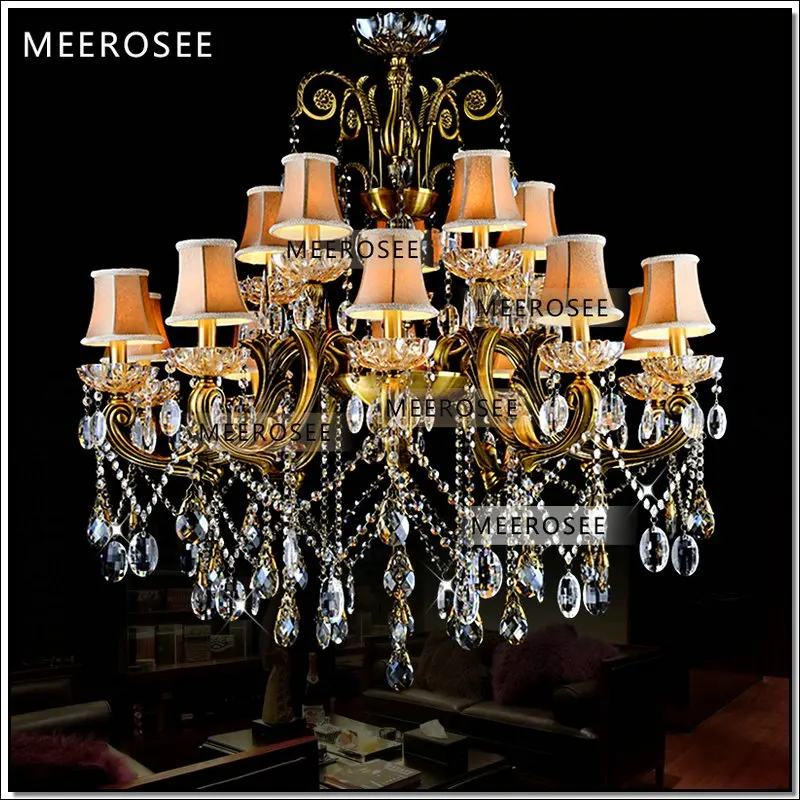 HOT! Big crystal chandelier light fixture antique brass Large suspension lustres chandelier lamp with lampshade MD8504-L15