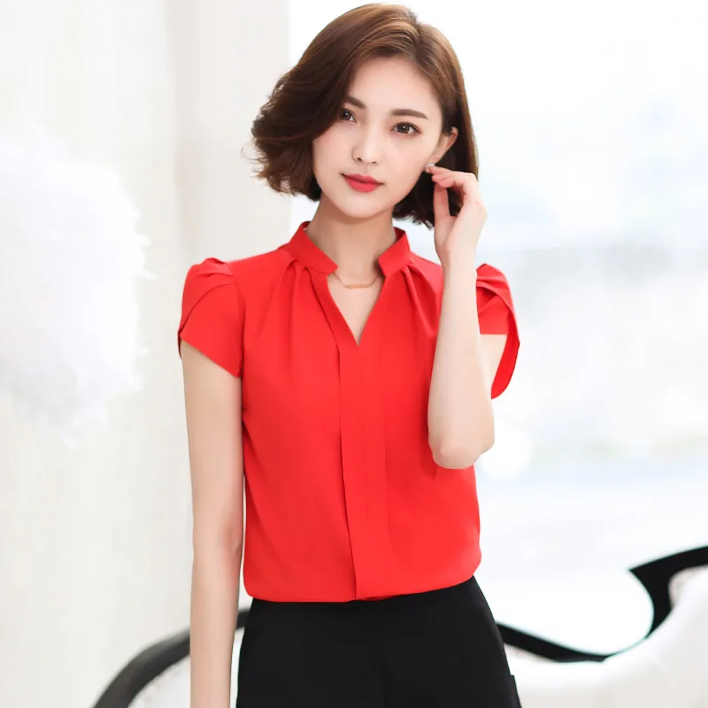 

Short Sleeve Chiffon Shirt Large Size Women's Pure Color V Collar Casual Blouse Summer Office Ladies Fashion Slim Work Top H9144