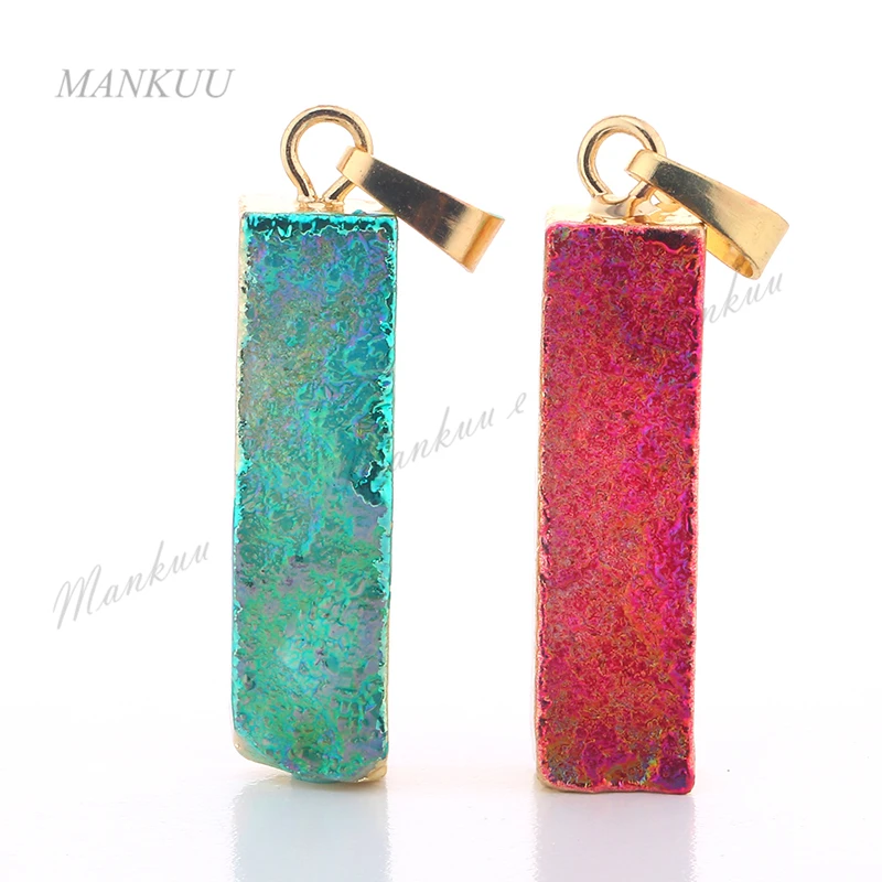 

Mankuu Fashion Titanium Crystal Druzy Pendant Vacuum Gold Electroplating Rose Red Light Green Rectangle 08*30mm