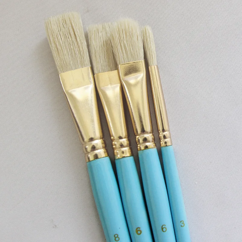 sky blue wood rod pig bristle oil brush gold-plated aluminum tube 4 pcs mixed head hard hair brush set art paint brushes